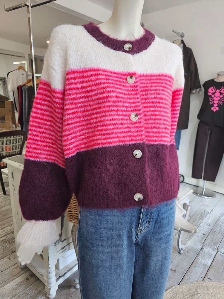 Primrose Stripe detail cardigan in burgundy