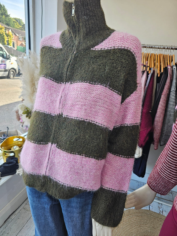 Winnie Two Tone High Neck Zip Up Knit - Pink/Olive