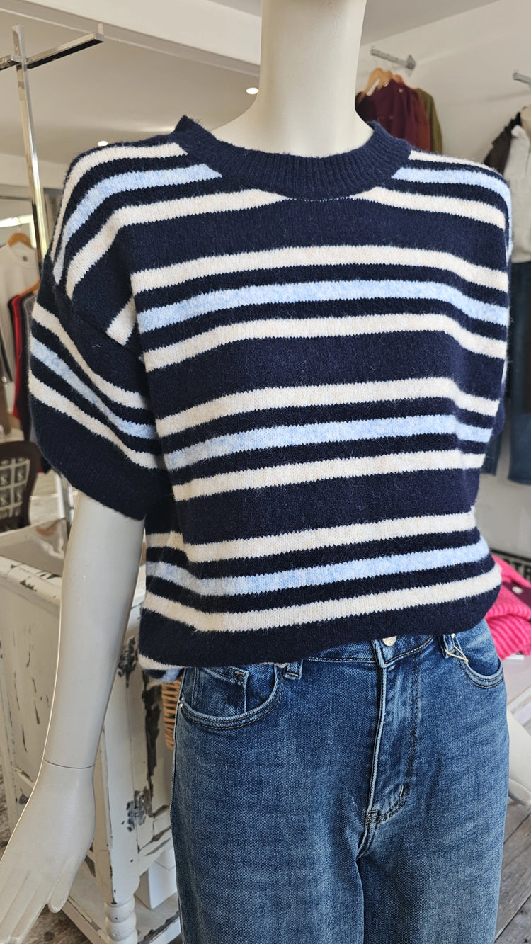 ROMY STRIPED KNIT SHORT SLEEVE JUMPER IN NAVY