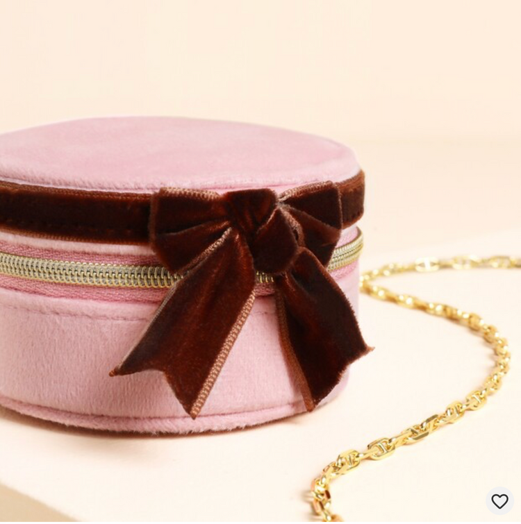 Pink and Burgundy Velvet Bow Mini Round Jewellery Case