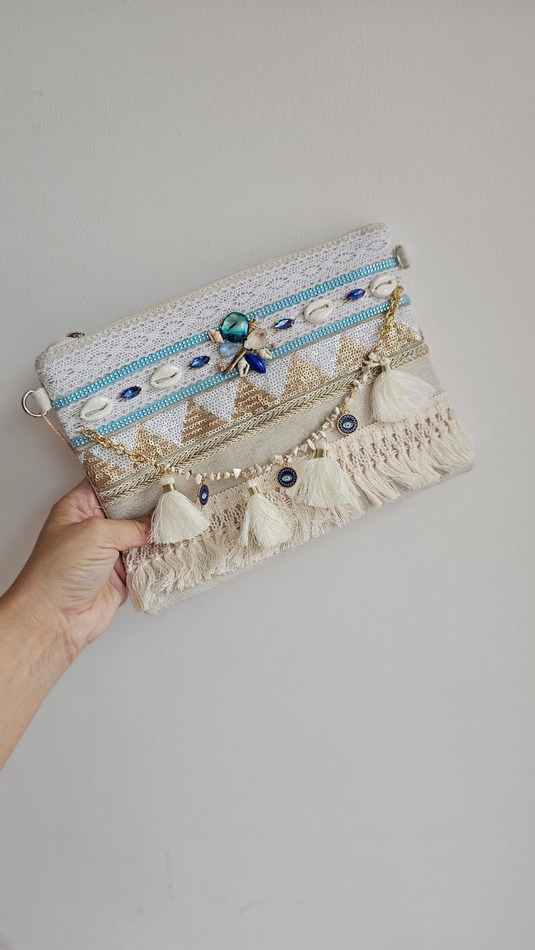 Blue Beaded Evil Eye & Shell Tassel Clutch Bag