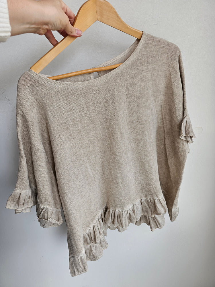 Libby linen ruffle top in beige