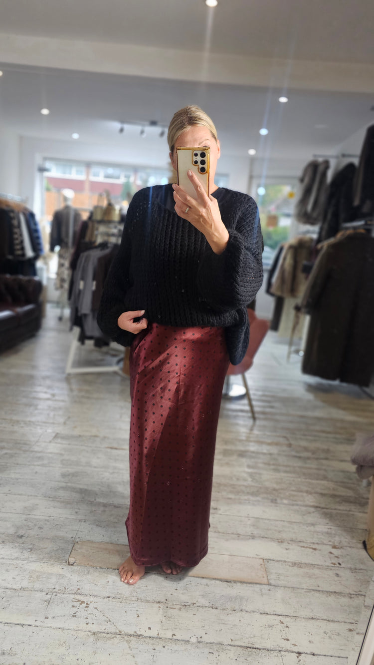 Aubrey Polka Dot Satin Midi Skirt in wine