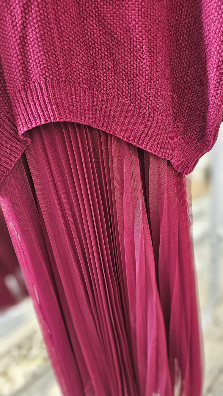 NAOMIE MESH DETAIL DRESS & LIGHT KNIT TWO PIECE IN WINE