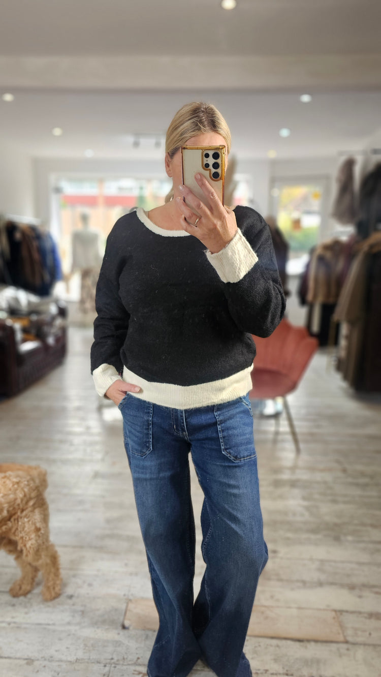 Maddie contrast trim bow back jumper in black