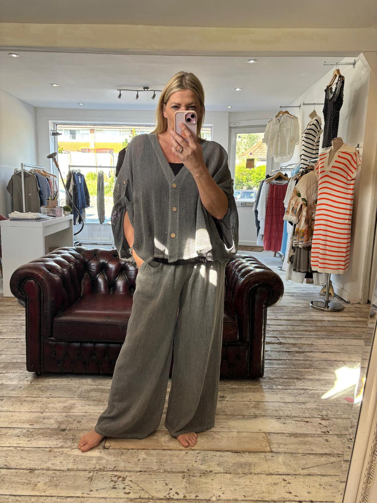 Sophia linen blend mesh button up cardigan in slate grey