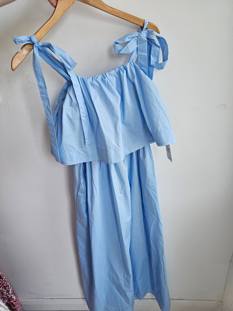 Cotton blue tie strap tiered dress