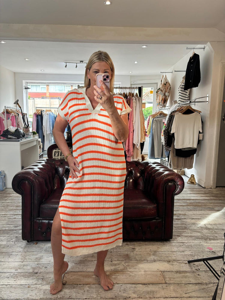 Cleo crochet collared dress in cream/orange