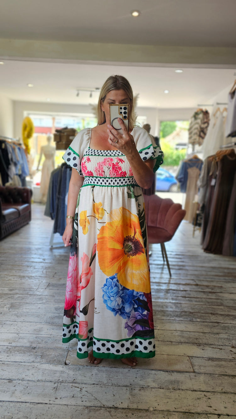 Floral & polka dot patterned puff sleeve dress