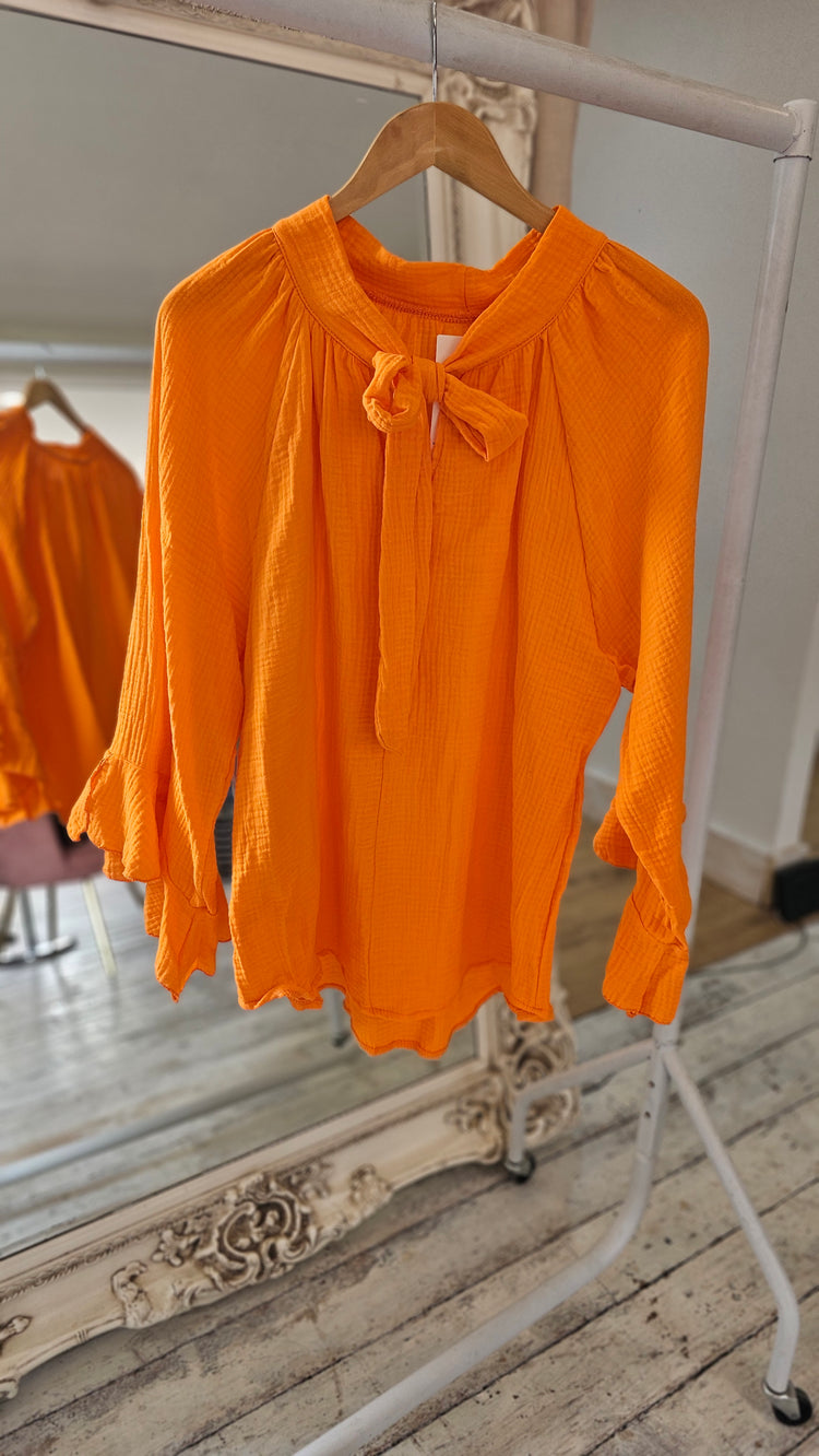 Sofia pussybow cheesecloth blouse in orange