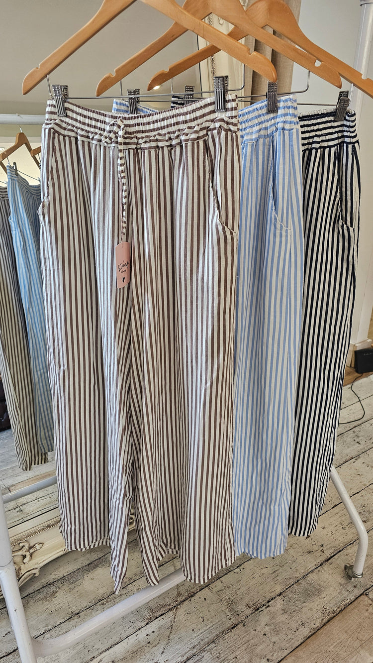Bridget Wide Leg Stripe Linen Trousers in mocha