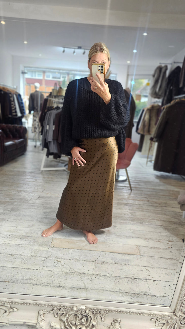 Aubrey Polka Dot Satin Midi Skirt in chocolate