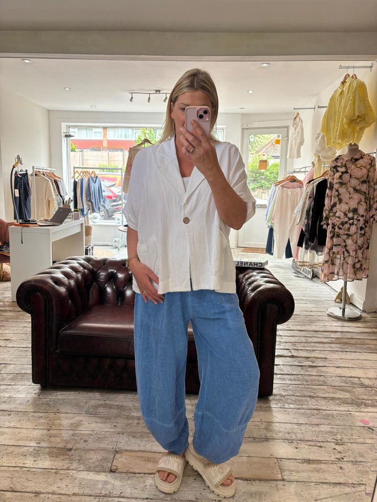 OLIVE LINEN BLEND FRONT POCKET TROUSER IN Cornflower blue