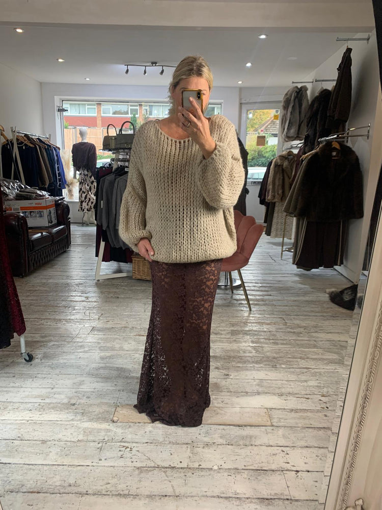Maya Sheer Floral Lace Maxi Skirt in chocolate