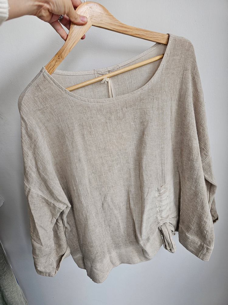 Poppy side ruched linen blend blouse in beige