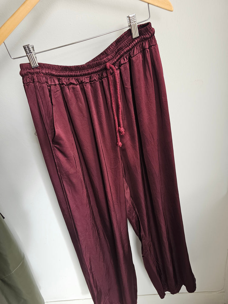 Camilla straight leg satin trousers in merlot
