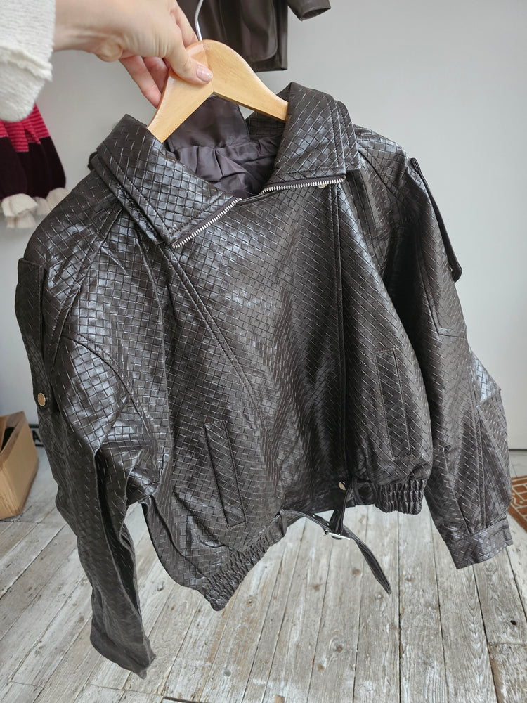 Alessandra Faux Leather Woven Biker Jacket in chocolate