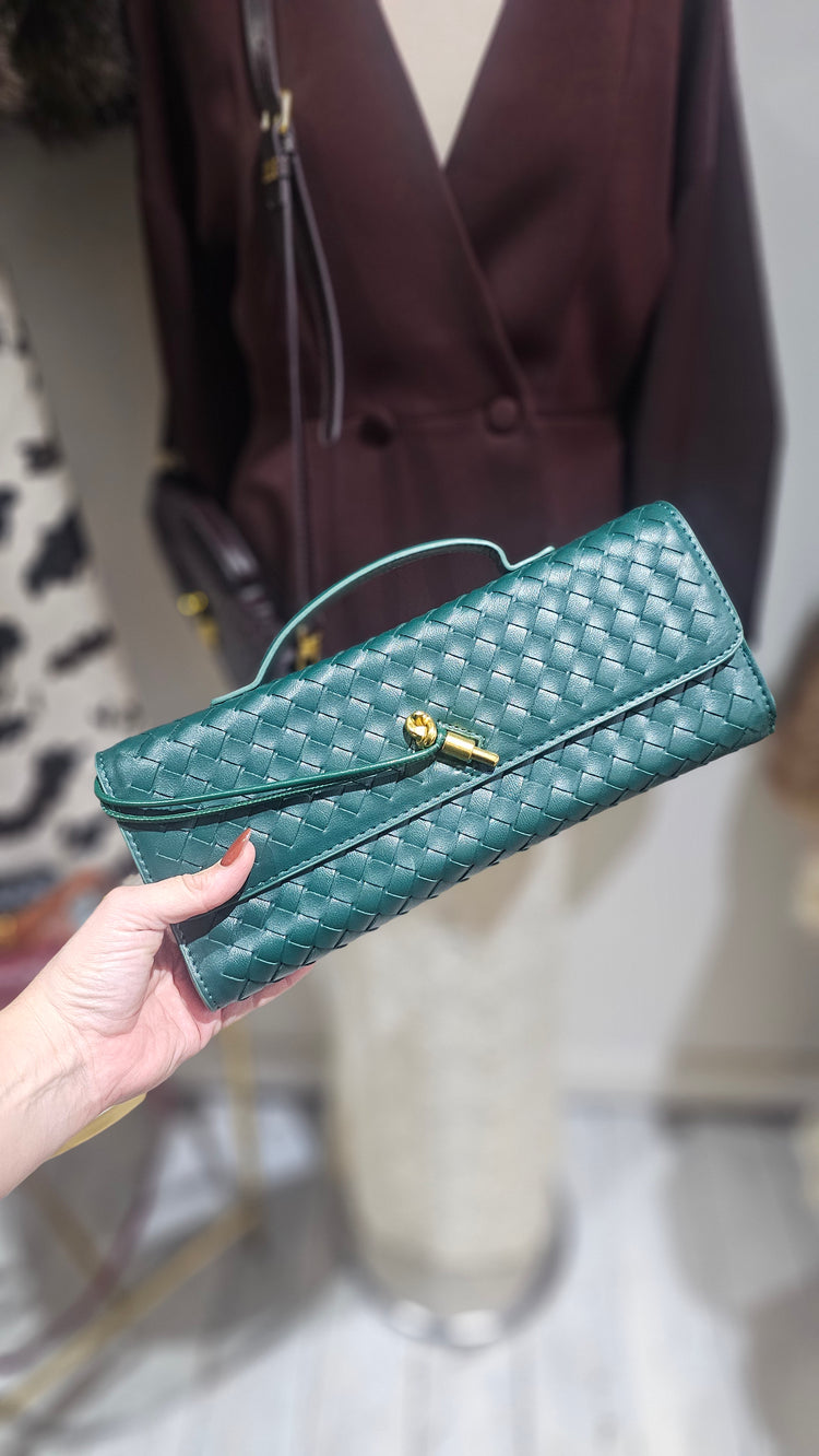 Maddison woven detail clutch with gold details in racer green