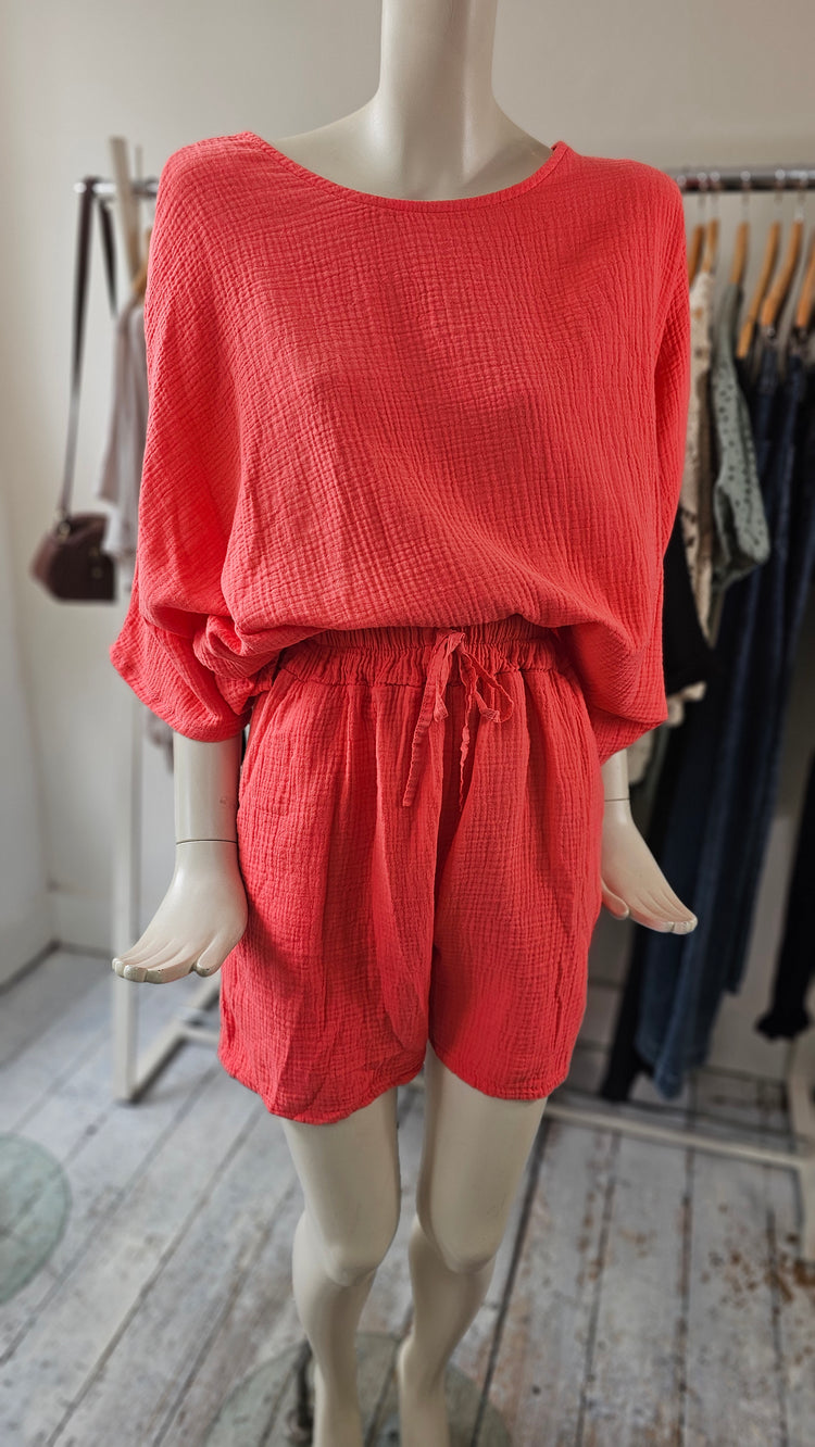 Chelsea Elasticated Waist Cheesecloth Set in Coral