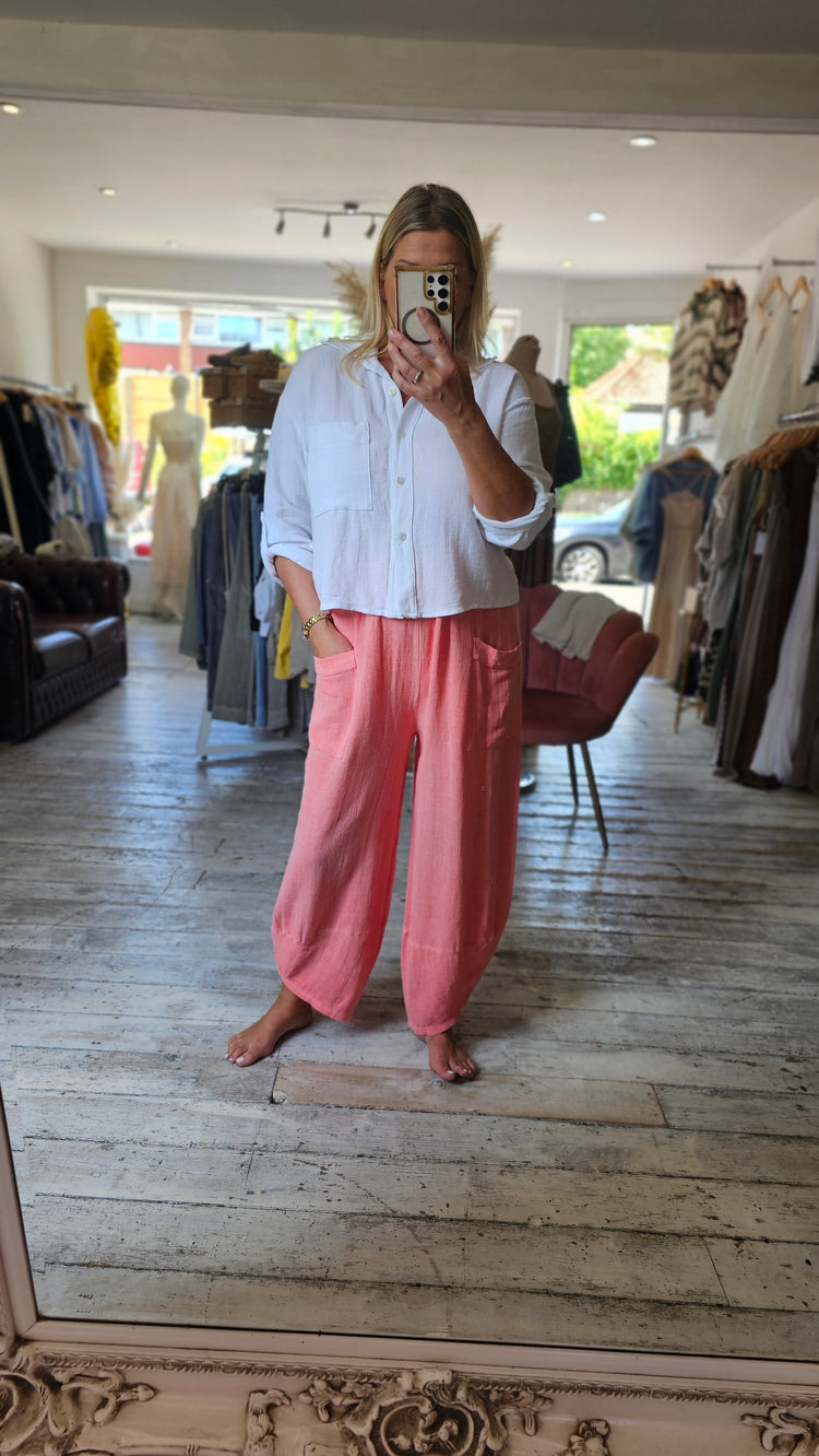 OLIVE FRONT POCKET TROUSERS IN CORAL