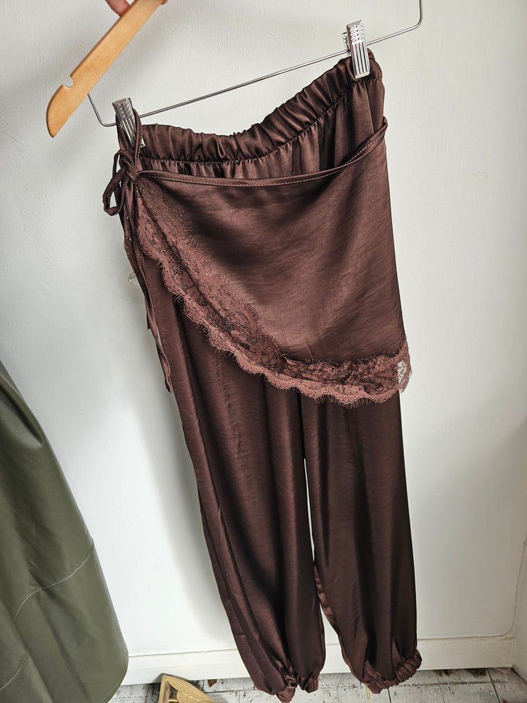 Grace satin lace trim balloon trousers in chocolate