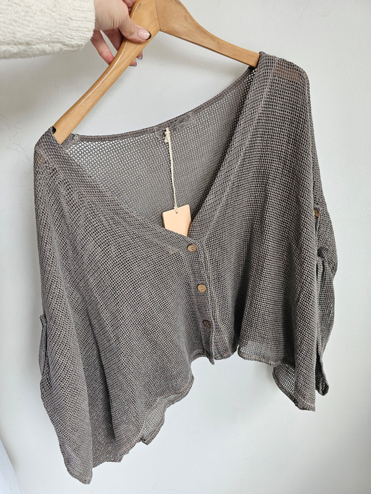 SOPHIA LINEN BLEND MESH BUTTON UP CARDIGAN IN truffle