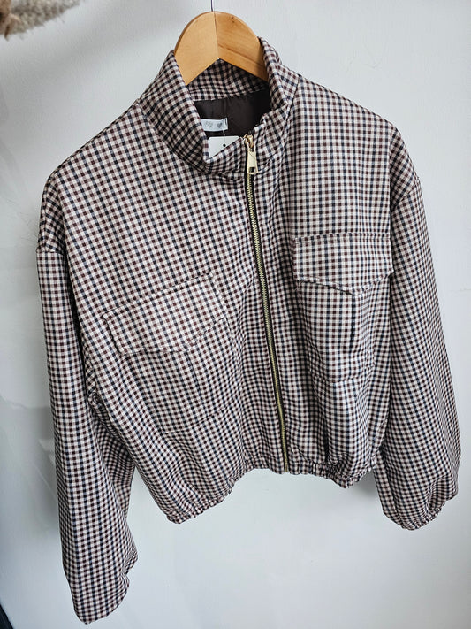 Lorna Patch Pockets Gingham Funnel-Neck Jacket