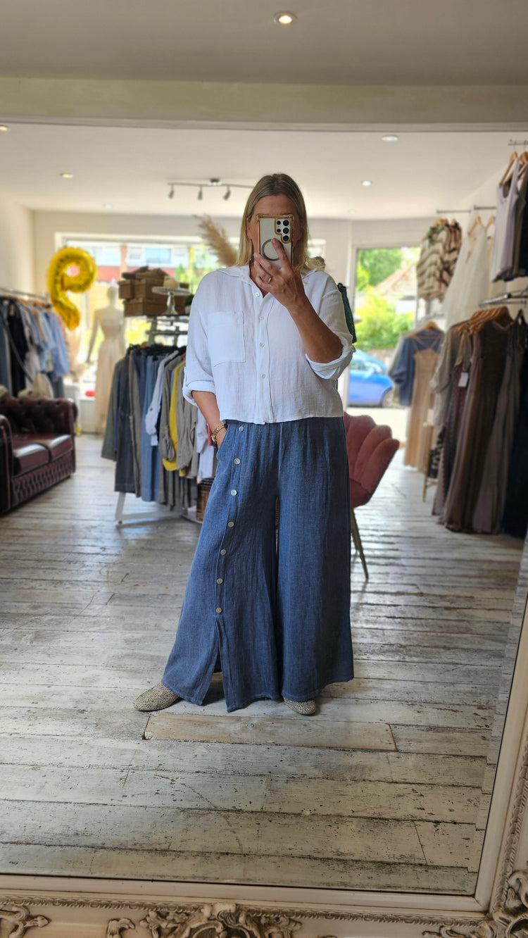 Poppy Wide Leg Elasticated waist trousers in denim blue