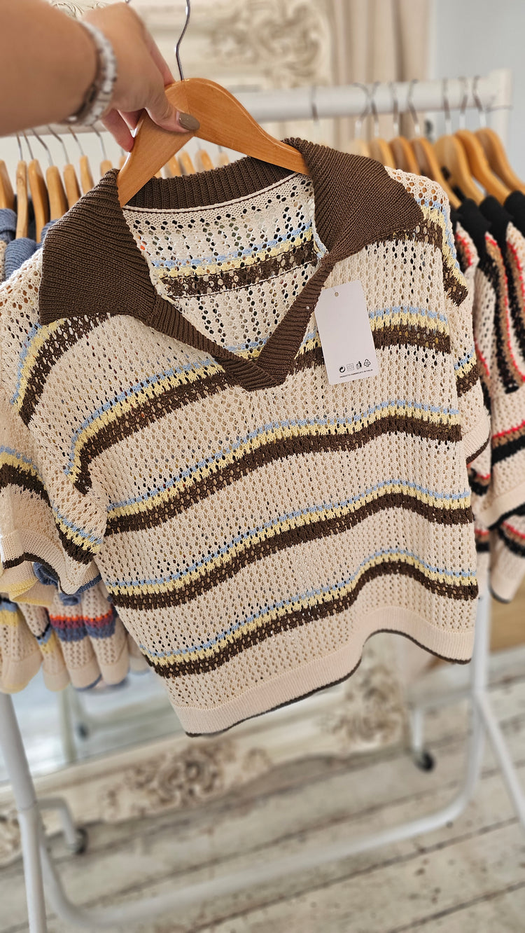 Jazz Collared Stripe Crochet Top in brown