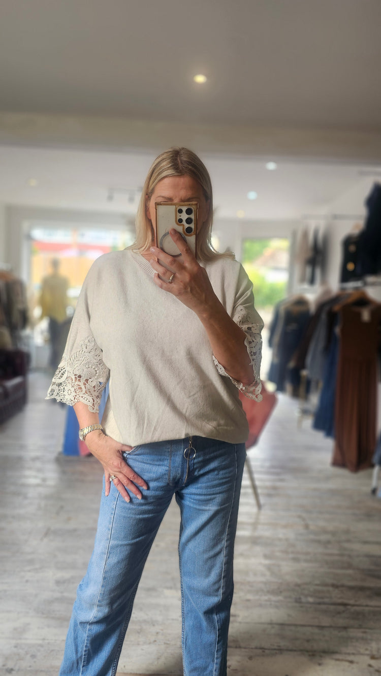 Kristen Lace Sleeve detail fine knit jumper in beige