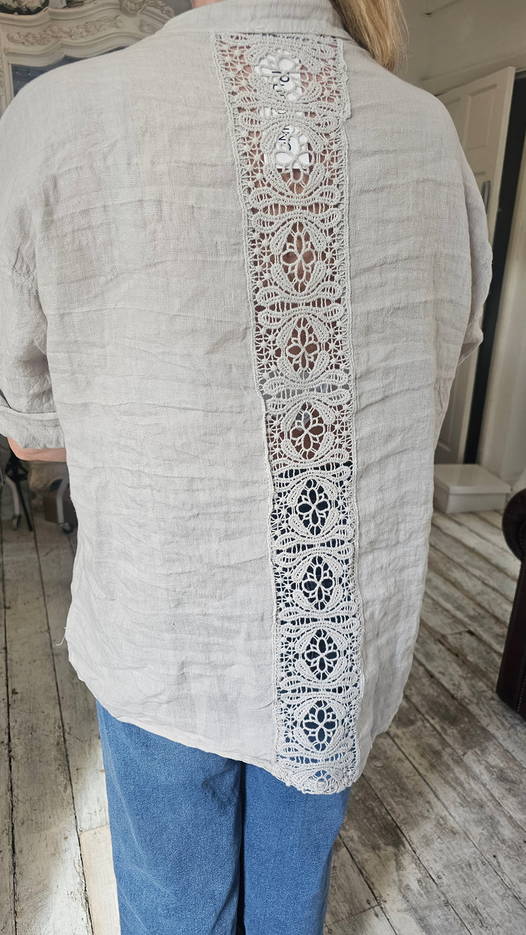 Emilia lace back linen blouse in beige
