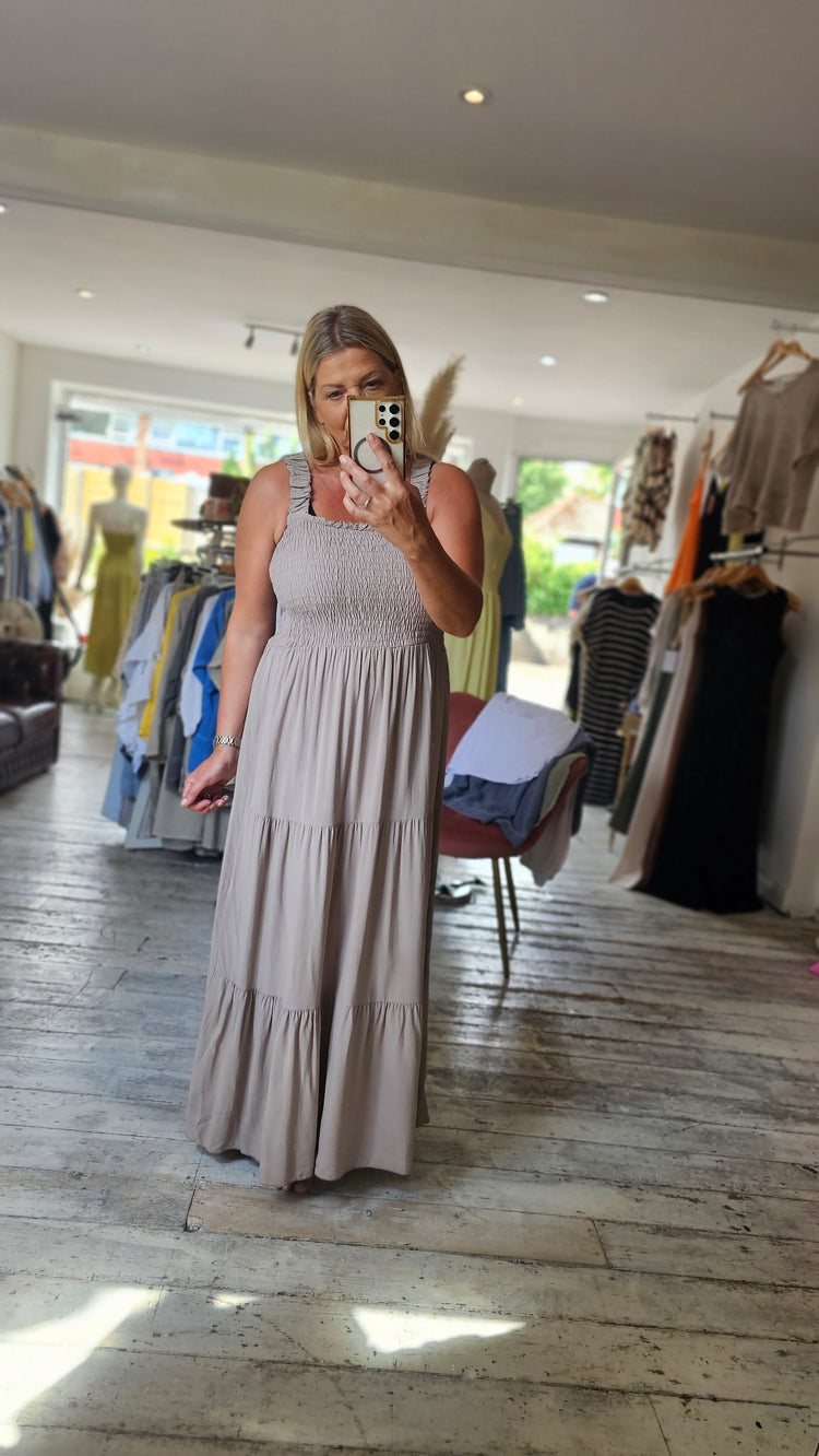 Leah Shirred chest maxi dress in Mocha