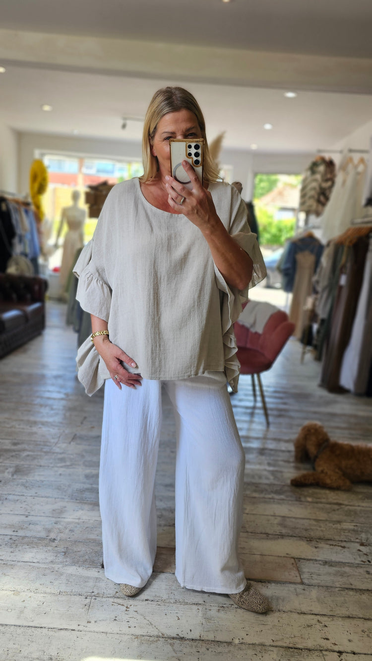 Imogen Ruffle Sleeve Linen Blend Top in Beige