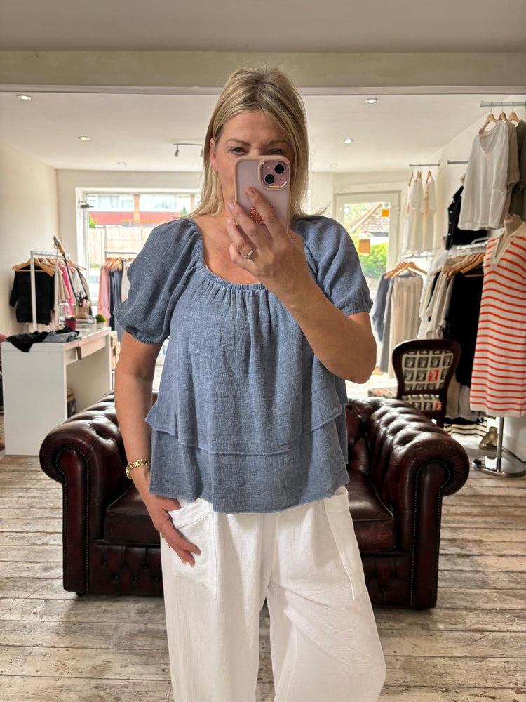 Grace Linen Blend Layered Top in denim blue