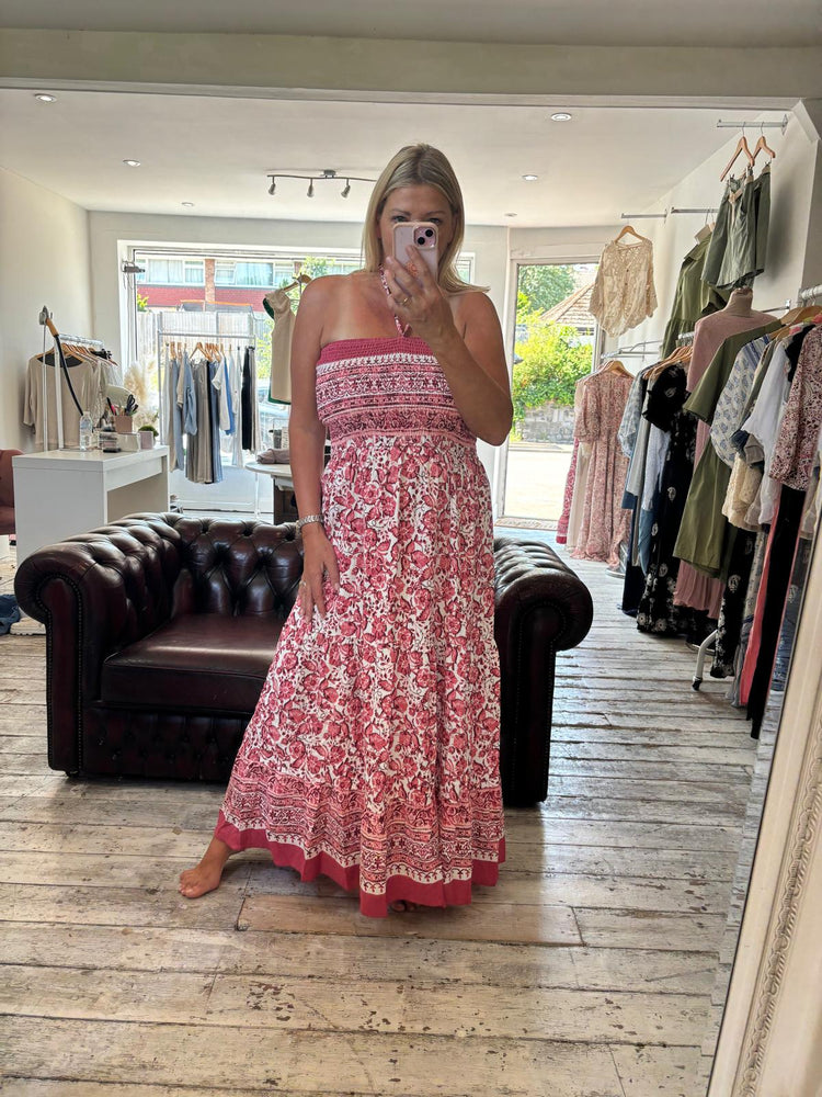 FLEUR FLORAL PRINT SHIRRED BUST BARDOT DRESS