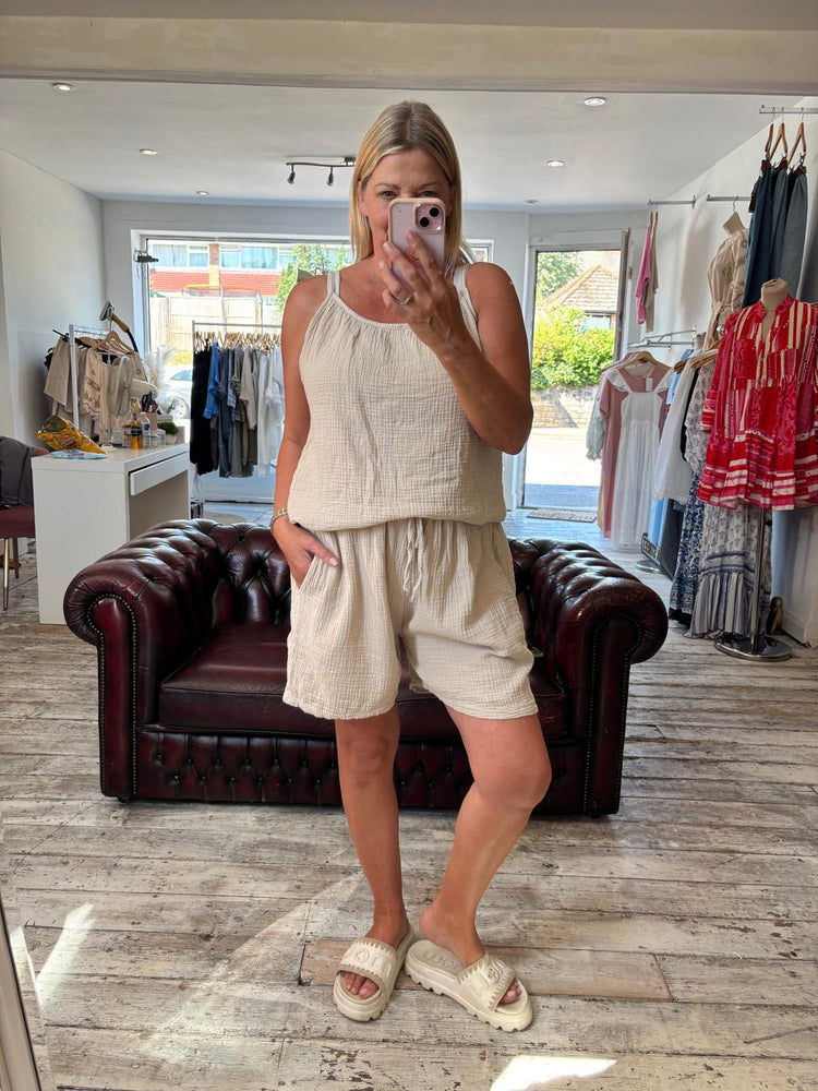 Marnie Cheesecloth Strap Top & Shorts set in stone