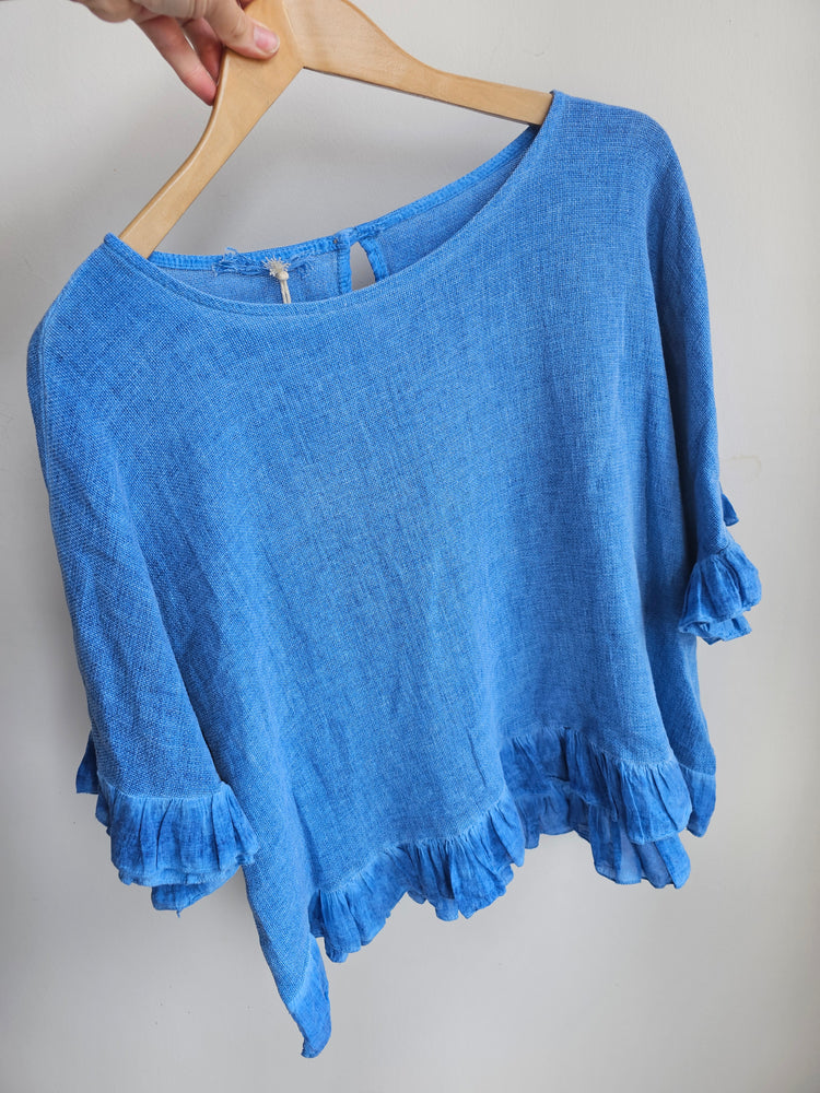 Libby linen ruffle top in cornflower blue