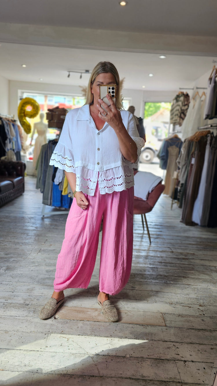 HARPER LINEN BLEND BARREL TROUSER IN FUCHSIA