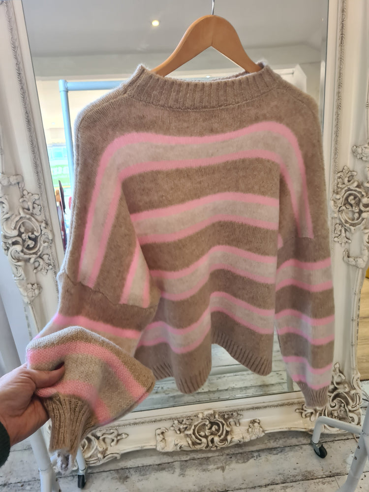 STRIPE BALLOON SLEEVE STRIPE KNIT JUMPER