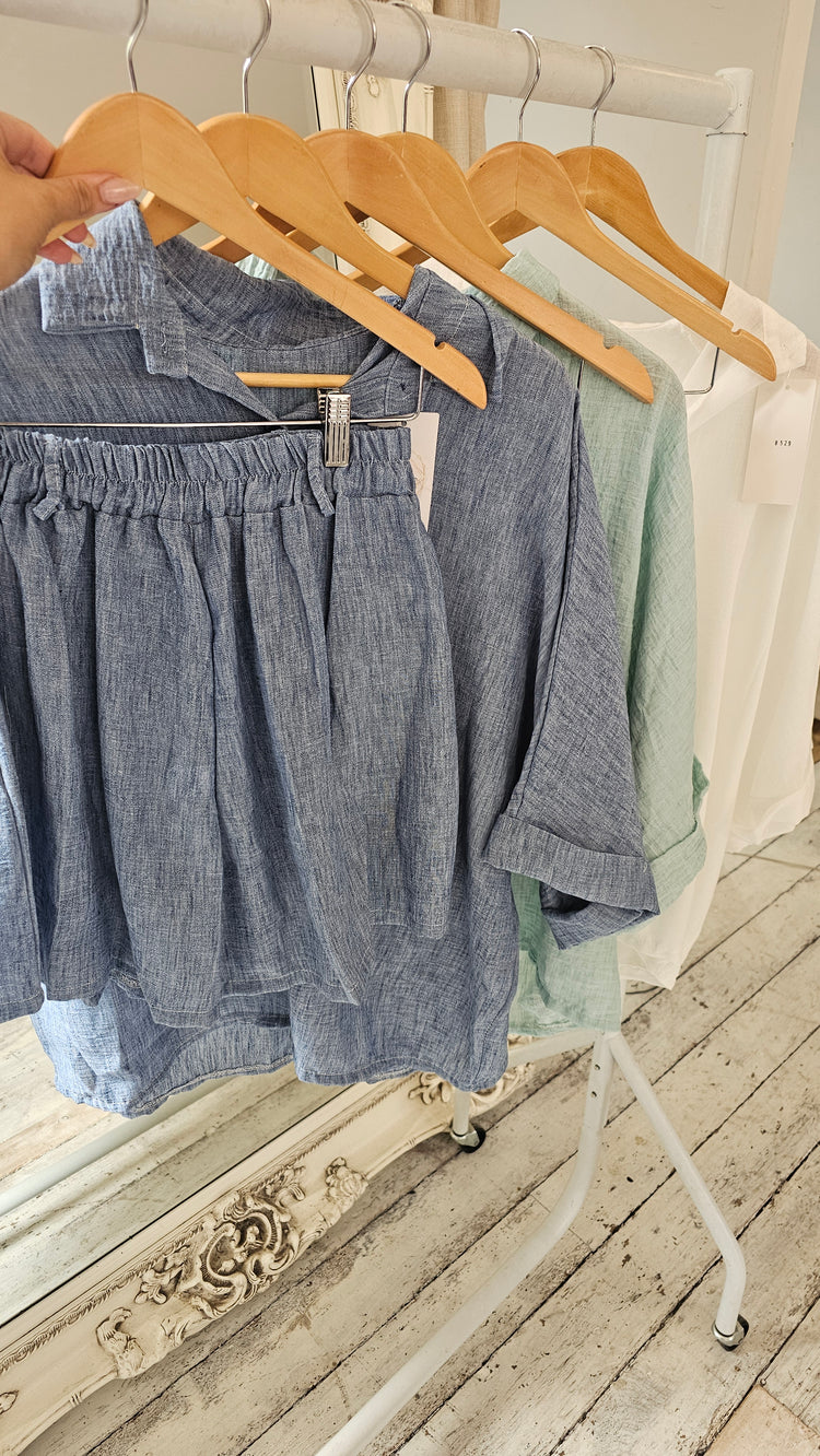 Phoebe Linen Look Oversized Blouse And Shorts Set in Blue