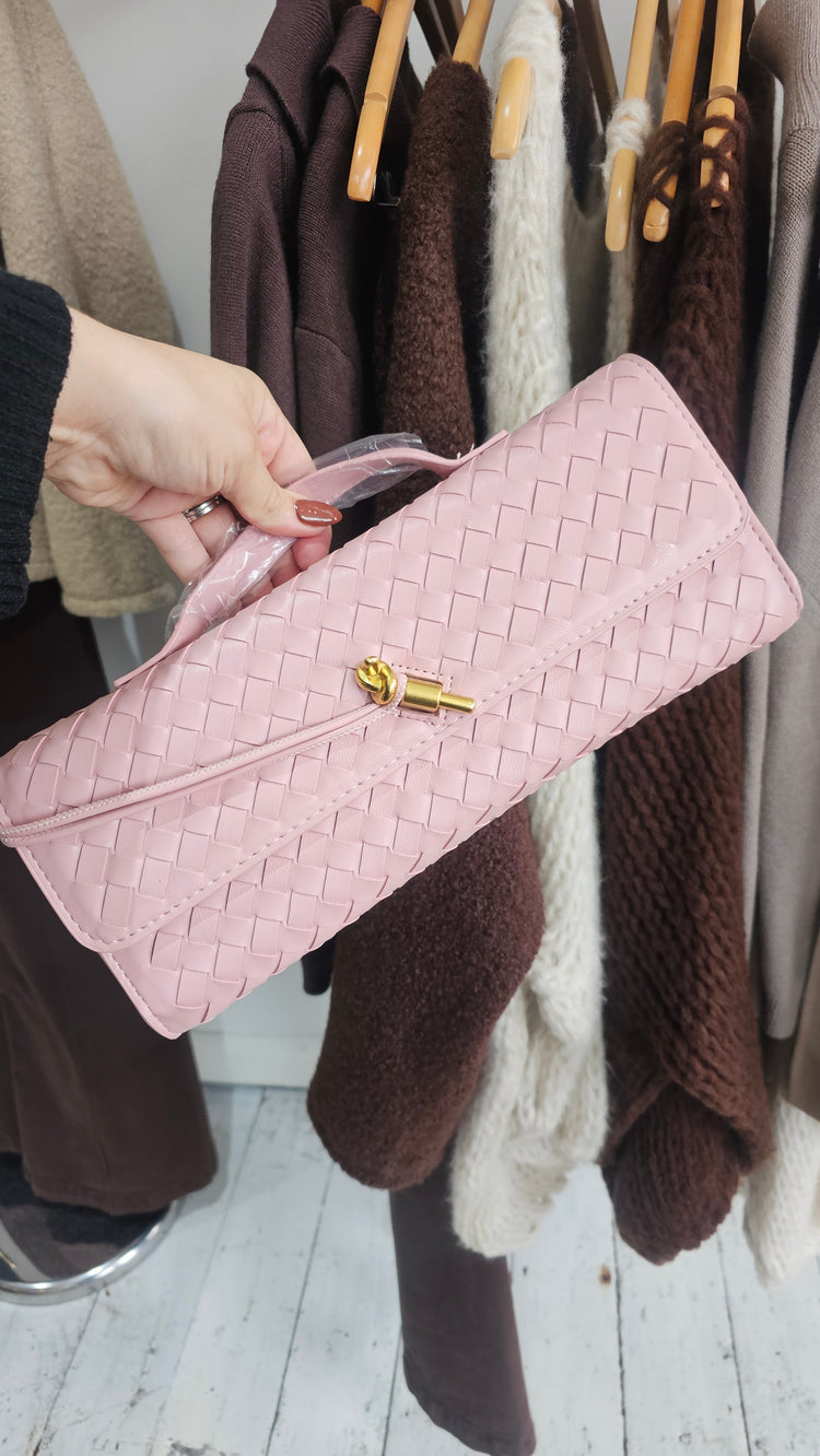 Maddison woven detail clutch with gold details in pink