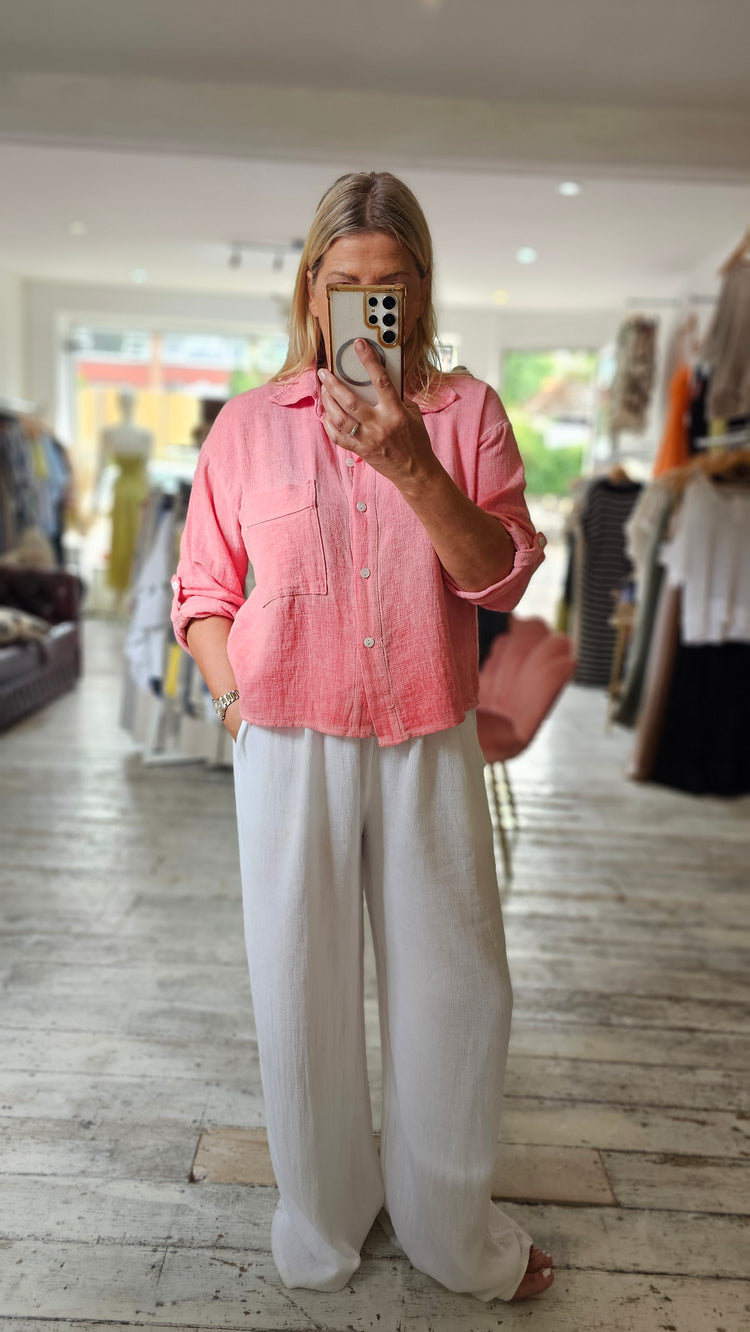Nancy Linen Blend Cropped Shirt in coral