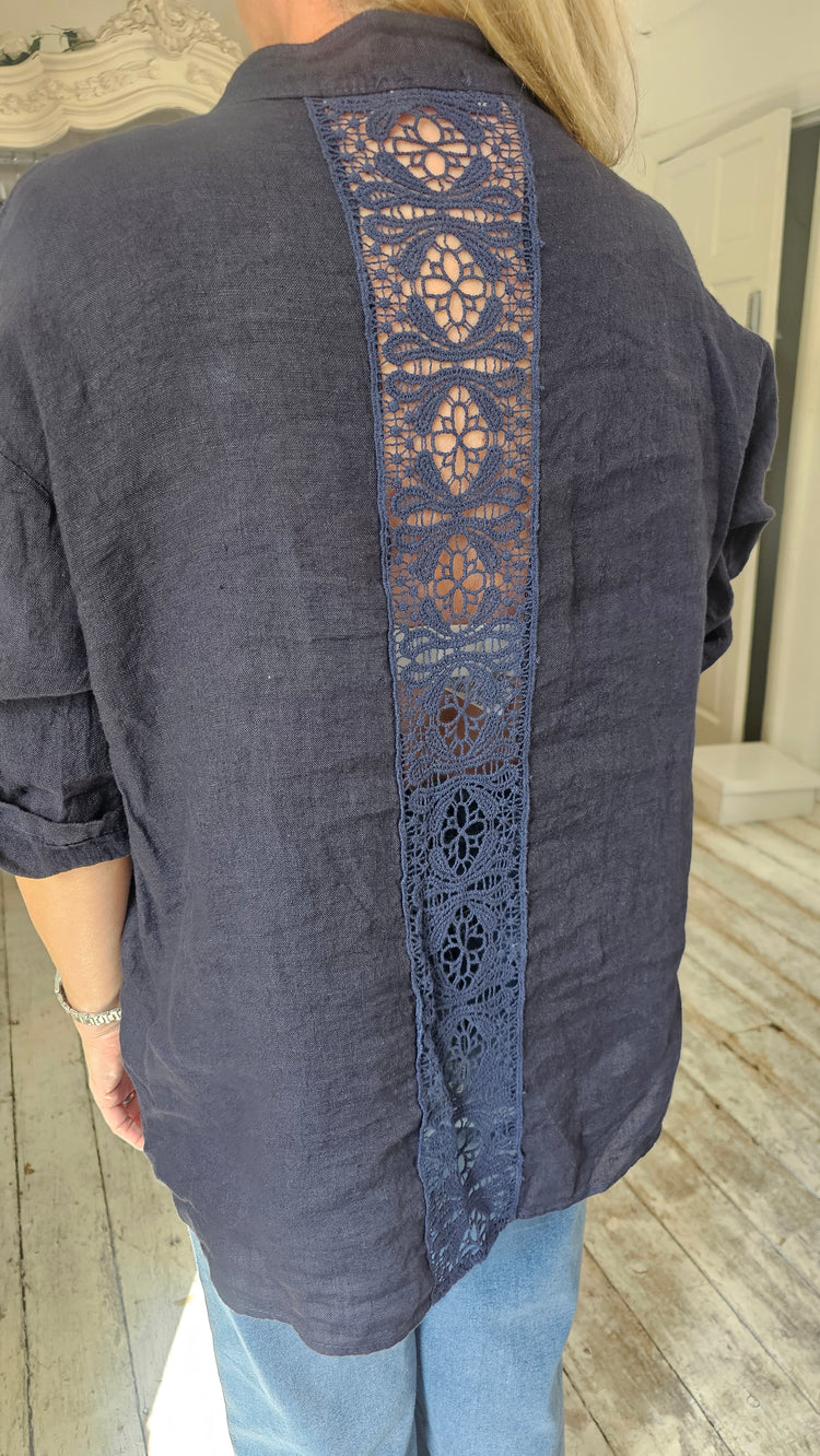 Emilia lace back linen blouse in navy