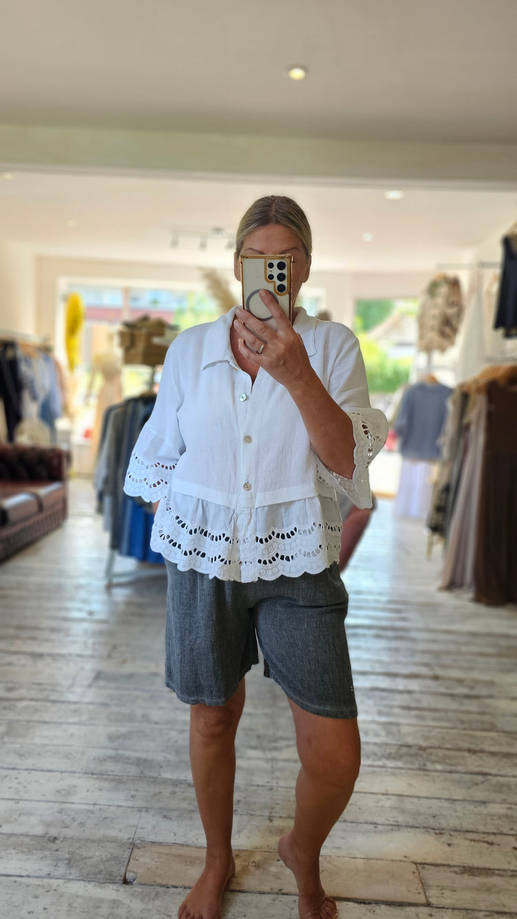 IVY ELASTICATED WAIST LINEN BLEND SHORTS IN DARK GREY