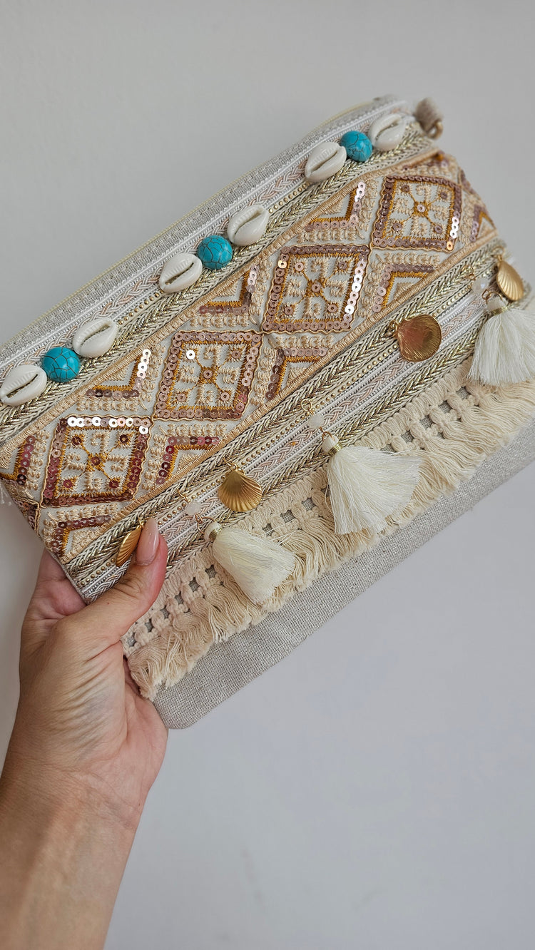 Turquoise Bead Embellished Tassel Clutch Bag