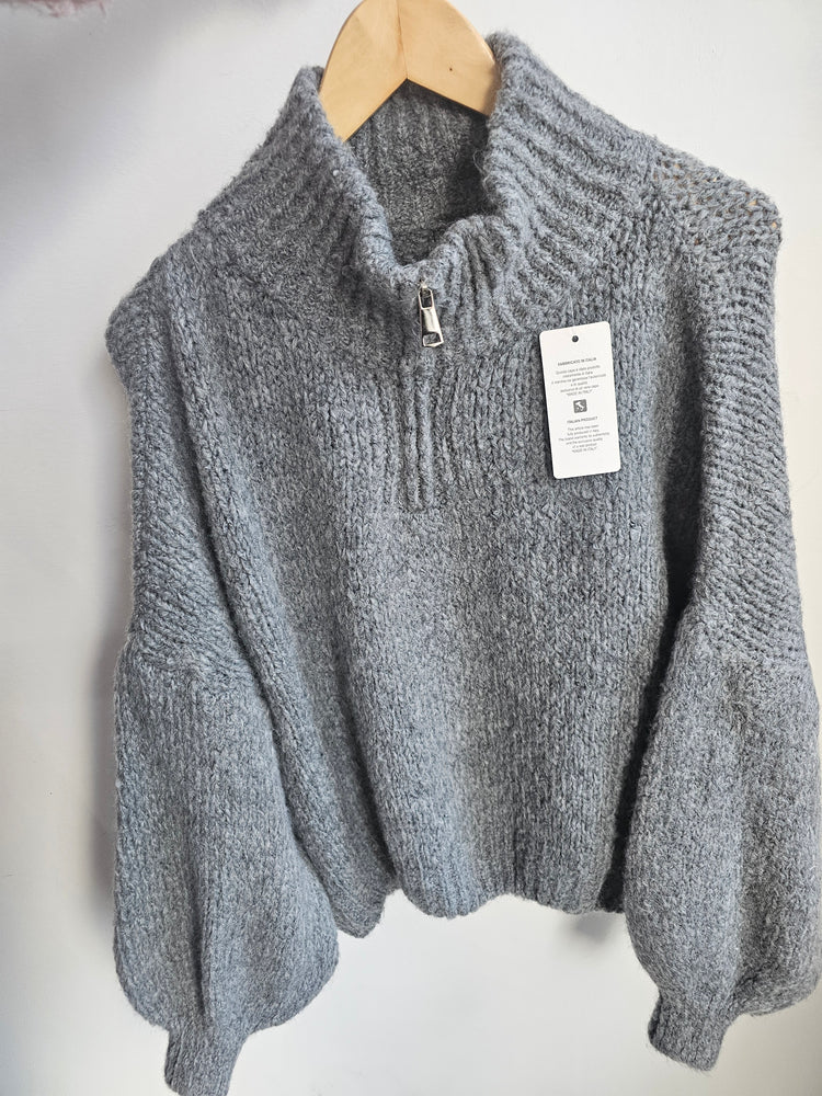 Frankie half zip balloon sleeve knitted jumper in Grey