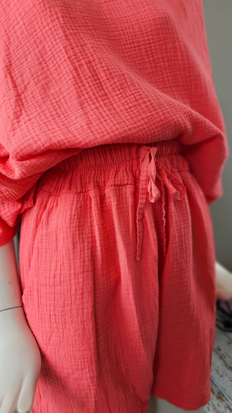 Chelsea Elasticated Waist Cheesecloth Set in Coral