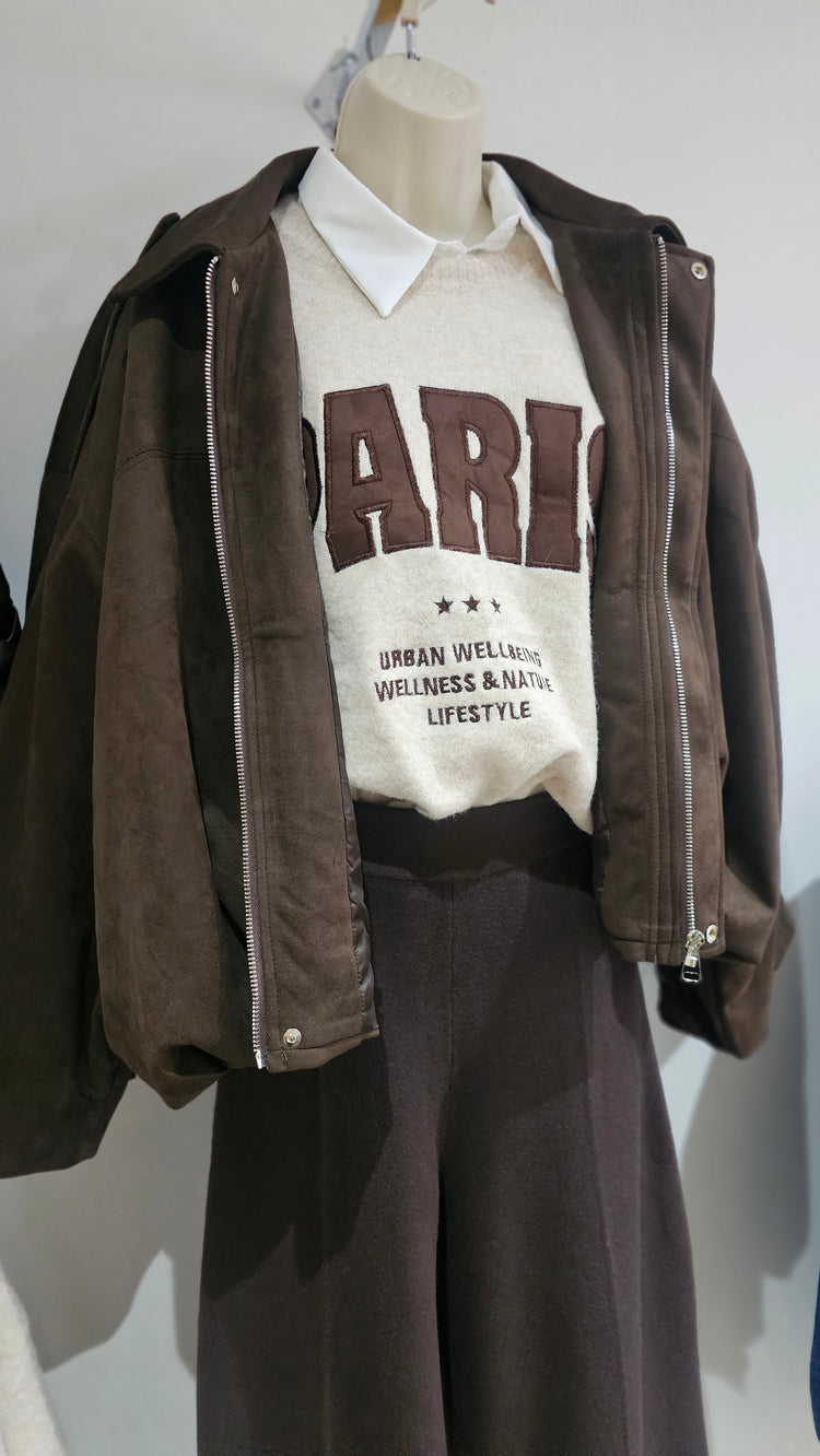 Paris Slogan Wool Mix Jumper in Chocolate