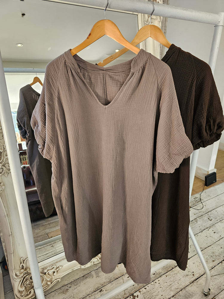 Becky cheesecloth puff sleeve dress in mocha