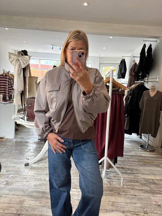 Lorna Patch Pockets Gingham Funnel-Neck Jacket